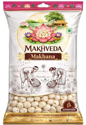 MAKHVEDA -  Makhana | Premium 6+ Suta Hand Picked Phool Makhana | Healthy Fasting Snack | Fox Nuts | Lotus Puffs | Desi Superfood ( 250g )