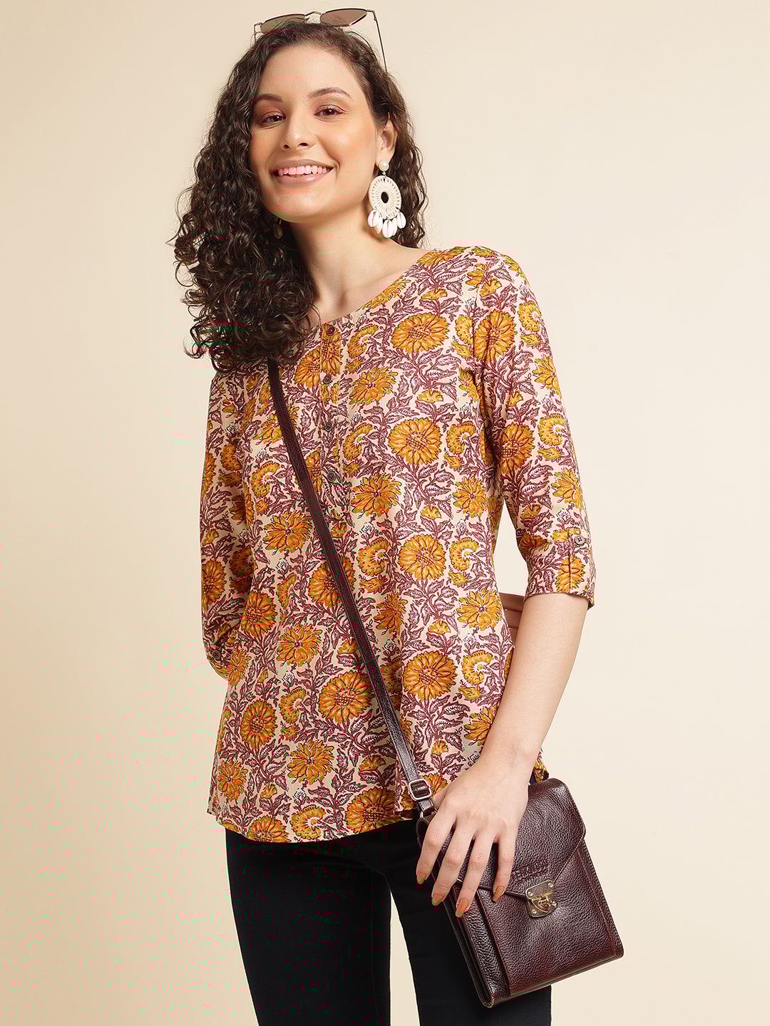 Yellow Floral Printed Cotton Blend Top-XS