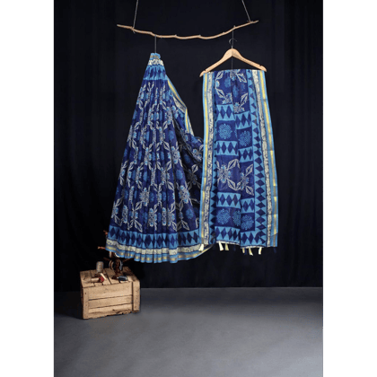 TheHangr Women's Blue Jaipuri Cotton Saree With Blouse Piece