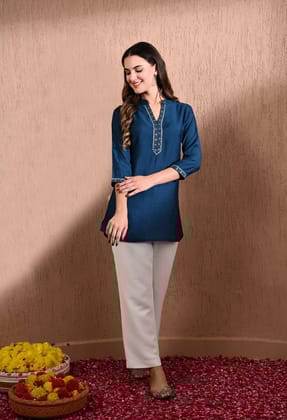 Blue Embroidered Tunic-XS