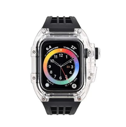 Luxury Modification Kit Transparent Case + Rubber Silicone Straps By iSerieshub Compatible For Smart Watch (44MM 45MM)-44-45MM / Black