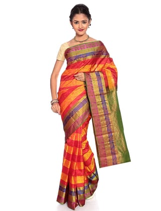 Stripe Design Kanchipuram Silk Sarees-Golden-red