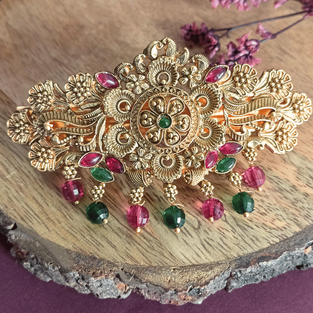 Traditional Gold-Plated Hair Barrette Clip with Floral Design and multicolor stone multicolor beads Danglers