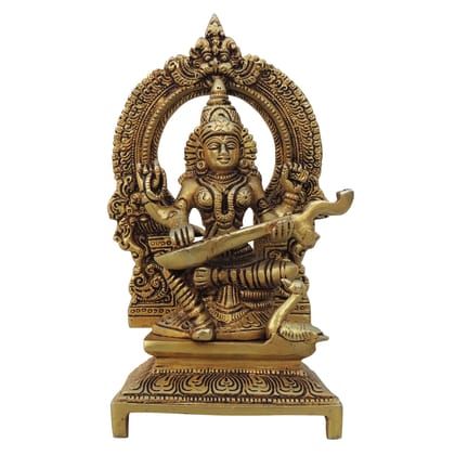Brass Saraswati Ji Idol Statue - Classic Finish Showpiece, Height : 7.5 Inch (BSMAS1539 C)