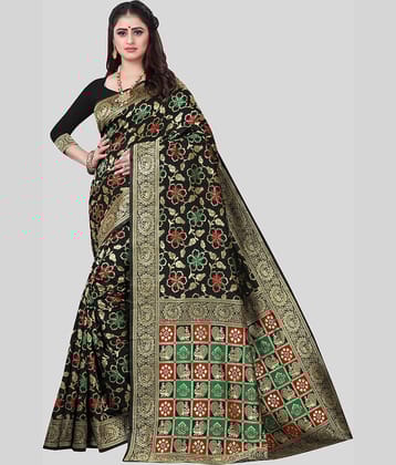 Gazal Fashions Banarasi Silk Printed Saree With Unstitched Blouse Piece ( Black )
