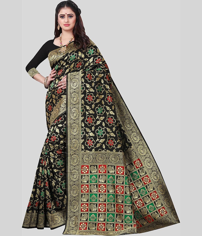 Gazal Fashions Banarasi Silk Printed Saree With Unstitched Blouse Piece ( Black )