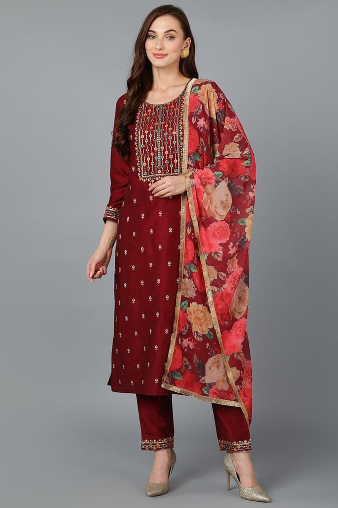 Latest Women Maroon Silk Blend Embroidered Kurta Pant With Dupatta VKSKD1757 2026 at ShopCircuit
