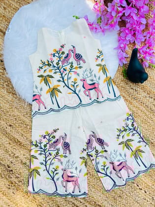 Awesome Trending Cotton Fabric Embroidery work Cord-set-Beige / 0-6 Month