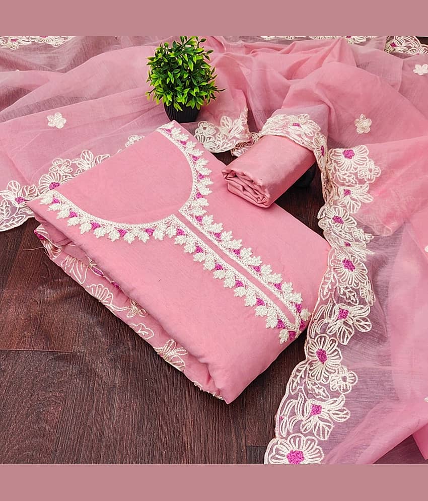Rangtulika Ethnics Women Chanderi Unstitched Dress Material ( Pink )