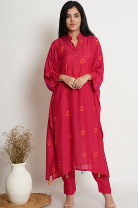 Pink Muslin Bandhani Kaftan Set Of 2-S