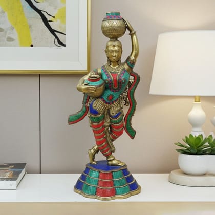 Brass Showpiece Lady With Matka Statue, Height : 35 Inch (BSMAS1564 A)