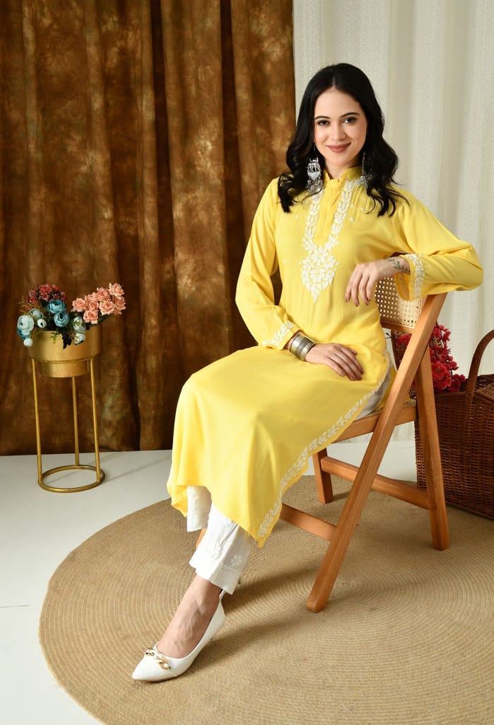 Saanjh – Sunshine Yellow Rayon Kurta with Classic Chikankari