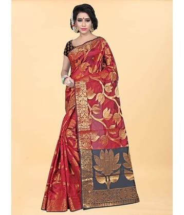 Gazal Fashions Banarasi Silk Embellished Saree With Unstitched Blouse Piece ( Red )
