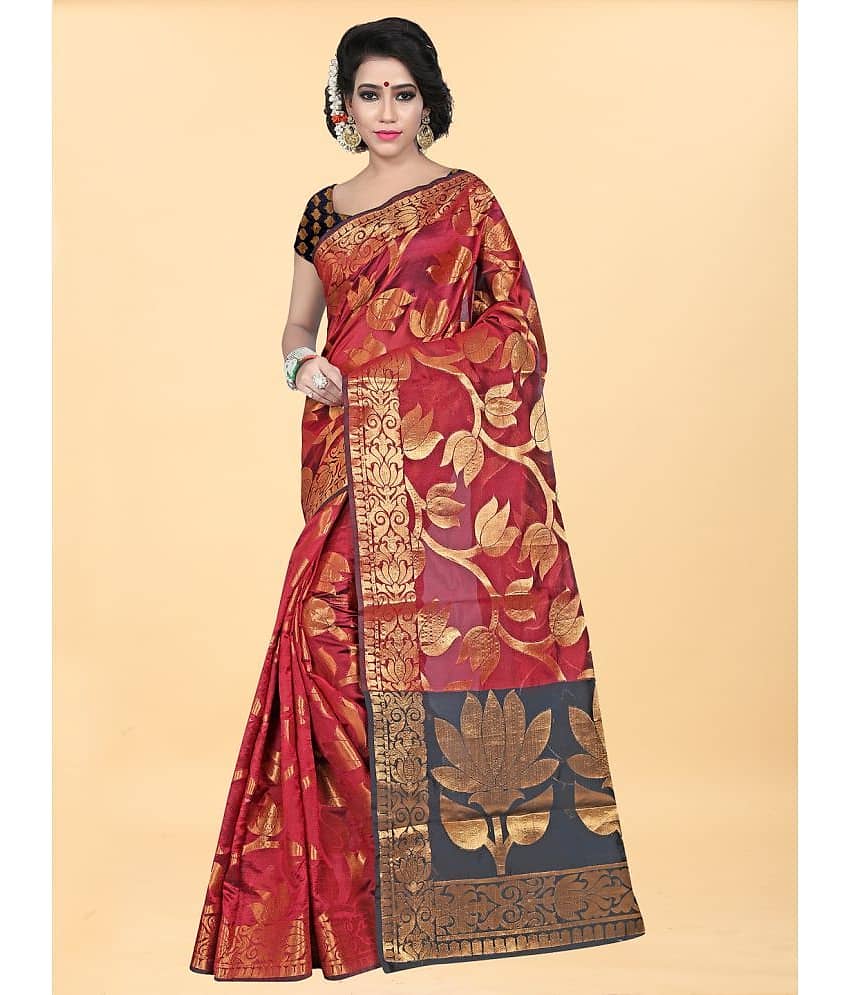 Gazal Fashions Banarasi Silk Embellished Saree With Unstitched Blouse Piece ( Red )