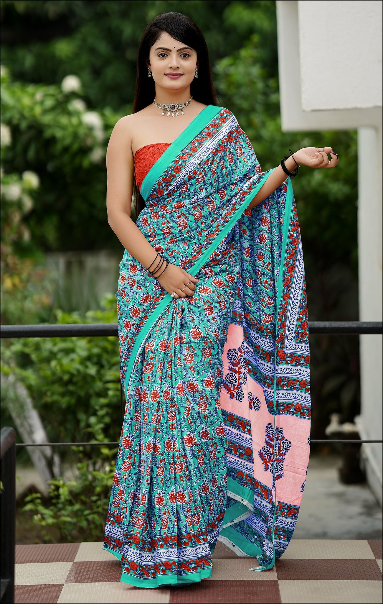 Handicraft Ladies Ikat Block Print Pure soft Cotton Sari With Blouse Piece-teal