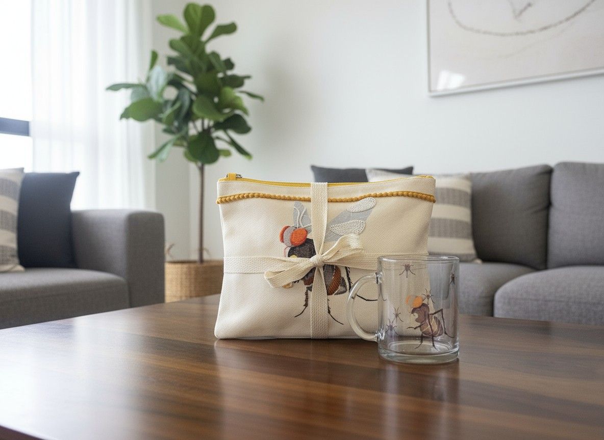 Ivvory Artisan Mosquito Theme Gift Set (2 Pieces) | Quirky Glass Mug & Hand Embroidered Pouch (25x18cm) | Novelty Combo