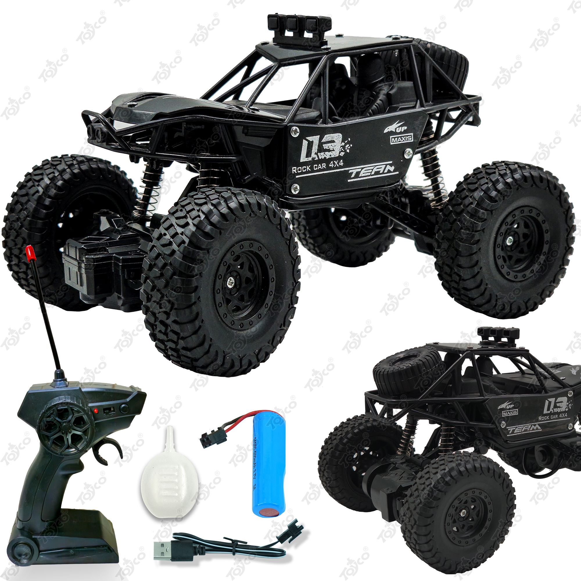 TOYCO Rock Crawler RC Monster Truck Rechargeable Remote Control Car for Kids (4+ Years) | Double Motor, All-Terrain, Shockproof, Longer Play Time, 1:18 Scale | Birthday Gift for Boys & Girls (Black)