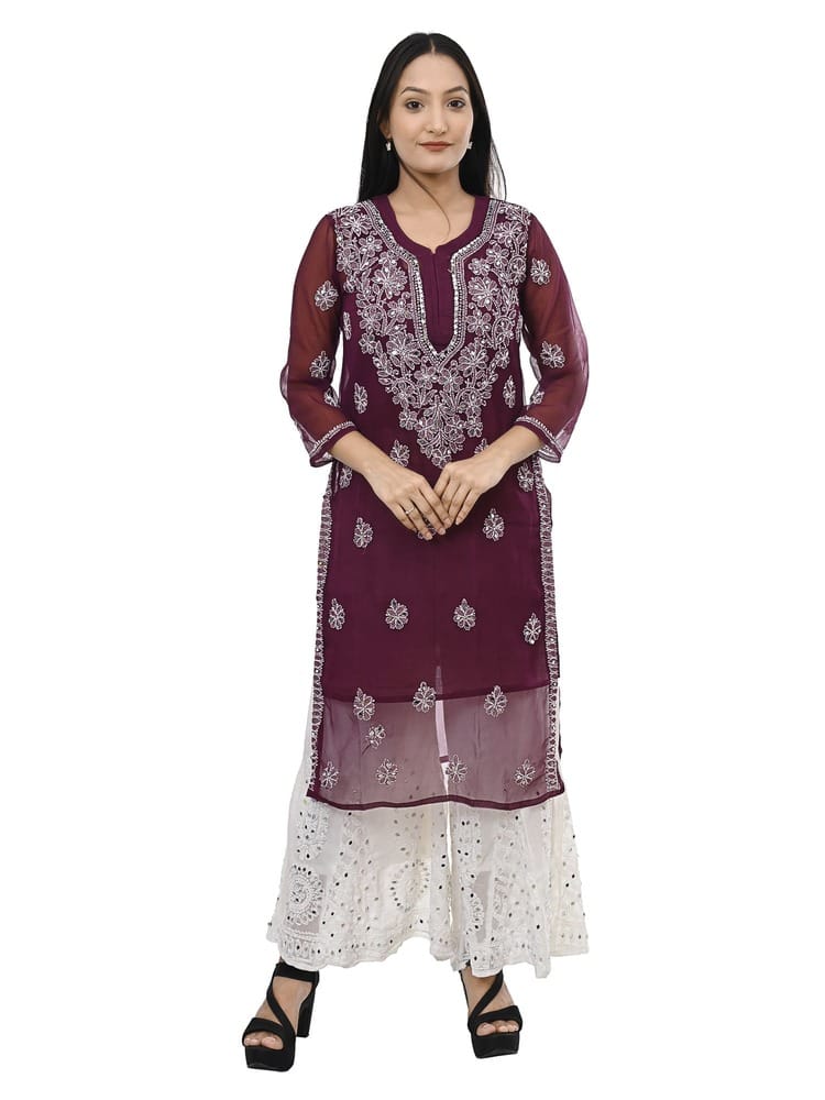 MRS RIGHT CHIKANKARI MIRROR EMBROIDERED KURTI SHARARA SET FOR WOMEN AND GIRLS
