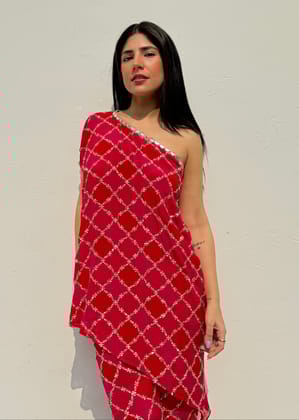 One shoulder Jaipuri kurta set-Red / XS