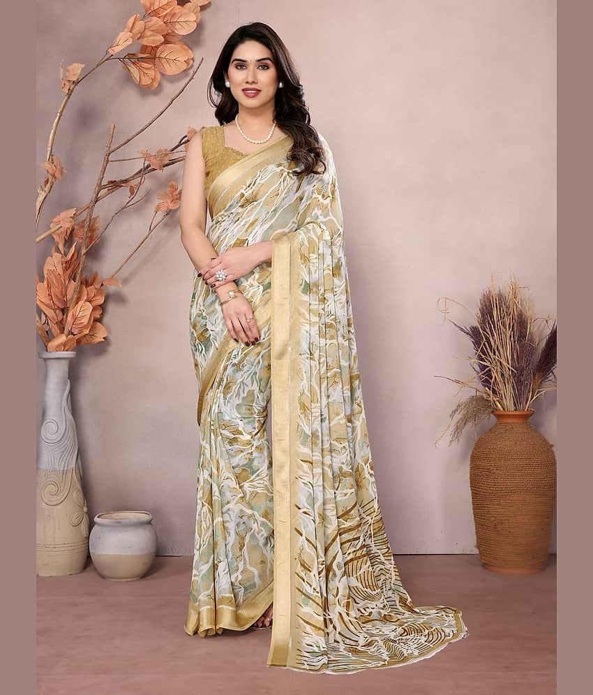 BLEESBURY Chiffon Printed Saree With Unstitched Blouse Piece ( Grey )