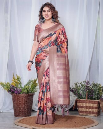 Black Banarasi Silk Saree with Exotic Leopard & Floral Digital Print, Zari Border & Tassel Pallu-Regular