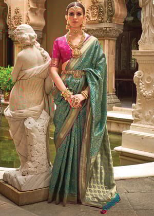 Teal Blue Banarasi Silk Saree With Contrast Blouse