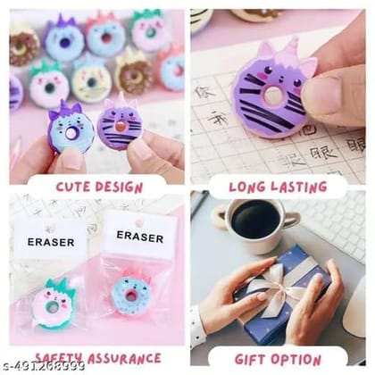Cute Donut Shaped Erasers, Decorative Animal Design, School Supplies, 6 Pack