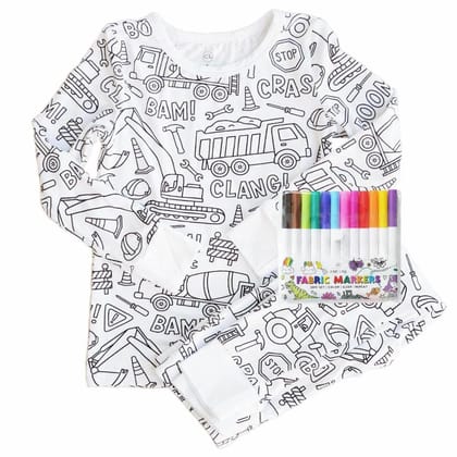 Arni Arts Magic Coloring Pajama Set Top and Bottom with Construction Theme Print and 12 Washable Markers for Kids Age 10 to 11 Years