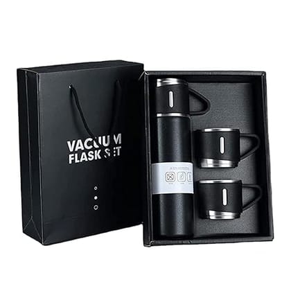 Vacuum Flask Set with 2 Cups, Insulated Double Wall Stainless Steel 500ml Tea Coffee Thermal Flask with 3 Cups, Hot and Cold Bottle, Corporate Gifts for Employees Christmas Gift, Random Color