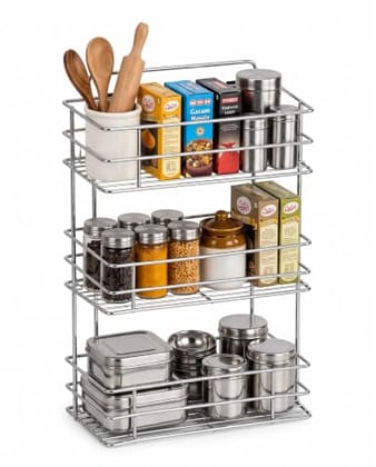 3 Tier Kitchen Wall Mounted Rack, Stainless Steel Wall Organizer for Spice Boxes, Masala Containers, Jars &