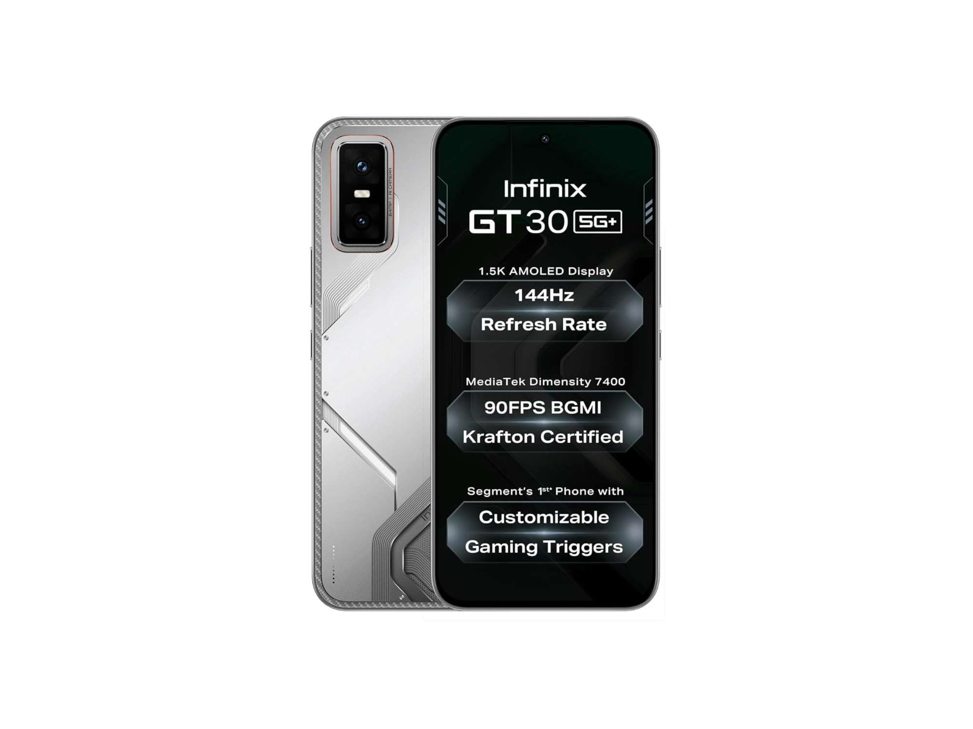 Infinix GT30 5G Smartphone (8GB RAM, 256GB Storage), Cyber Mecha Design with LED Lights, 1.5K 144Hz AMOLED Display, 64MP Camera - Blade White