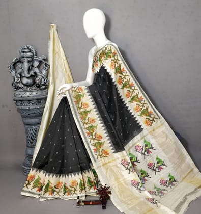 Pure Pochampally Ikkat Silk Body Color Black Border Pallu Cream