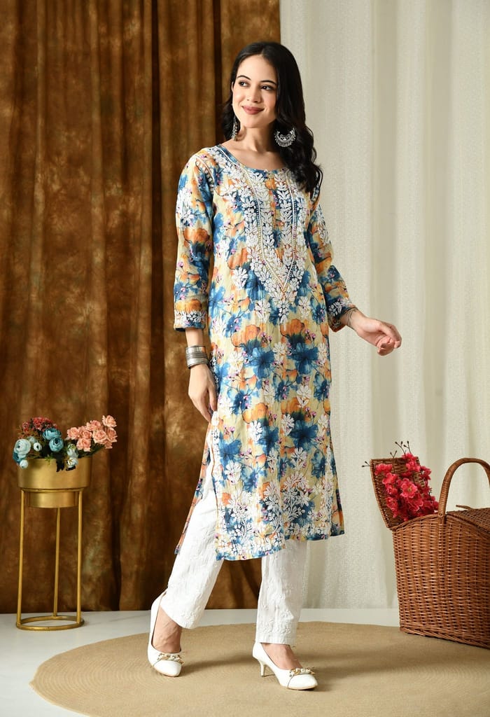 Multi color Mulmul Pure Cotton Lucknow Chikankari Kurta -Teal & Orange