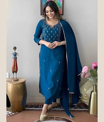 AK FASHION MALL Women Cotton Blend Embroidered A-line Kurti With Pants ( Blue )