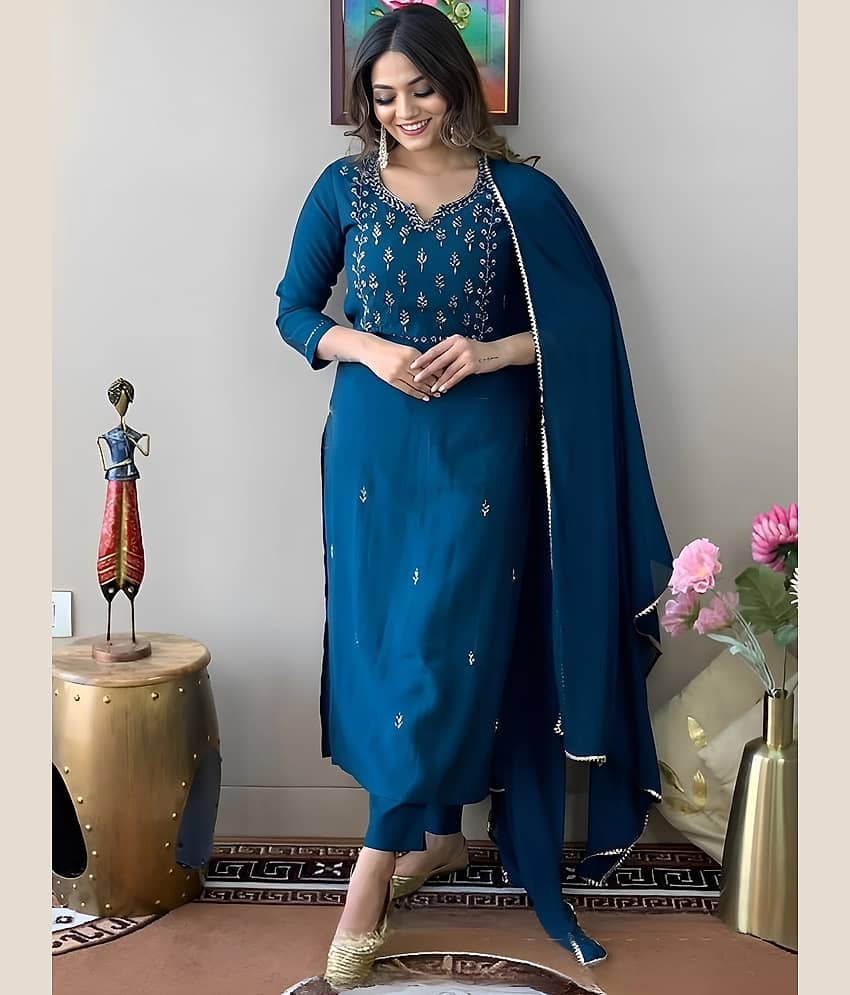 AK FASHION MALL Women Cotton Blend Embroidered A-line Kurti With Pants ( Blue )