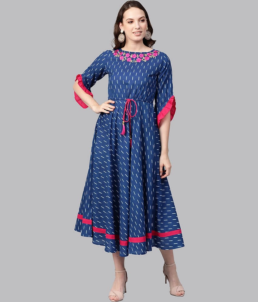 Yash Gallery Women Cotton Printed Ethnic Dress ( Blue )
