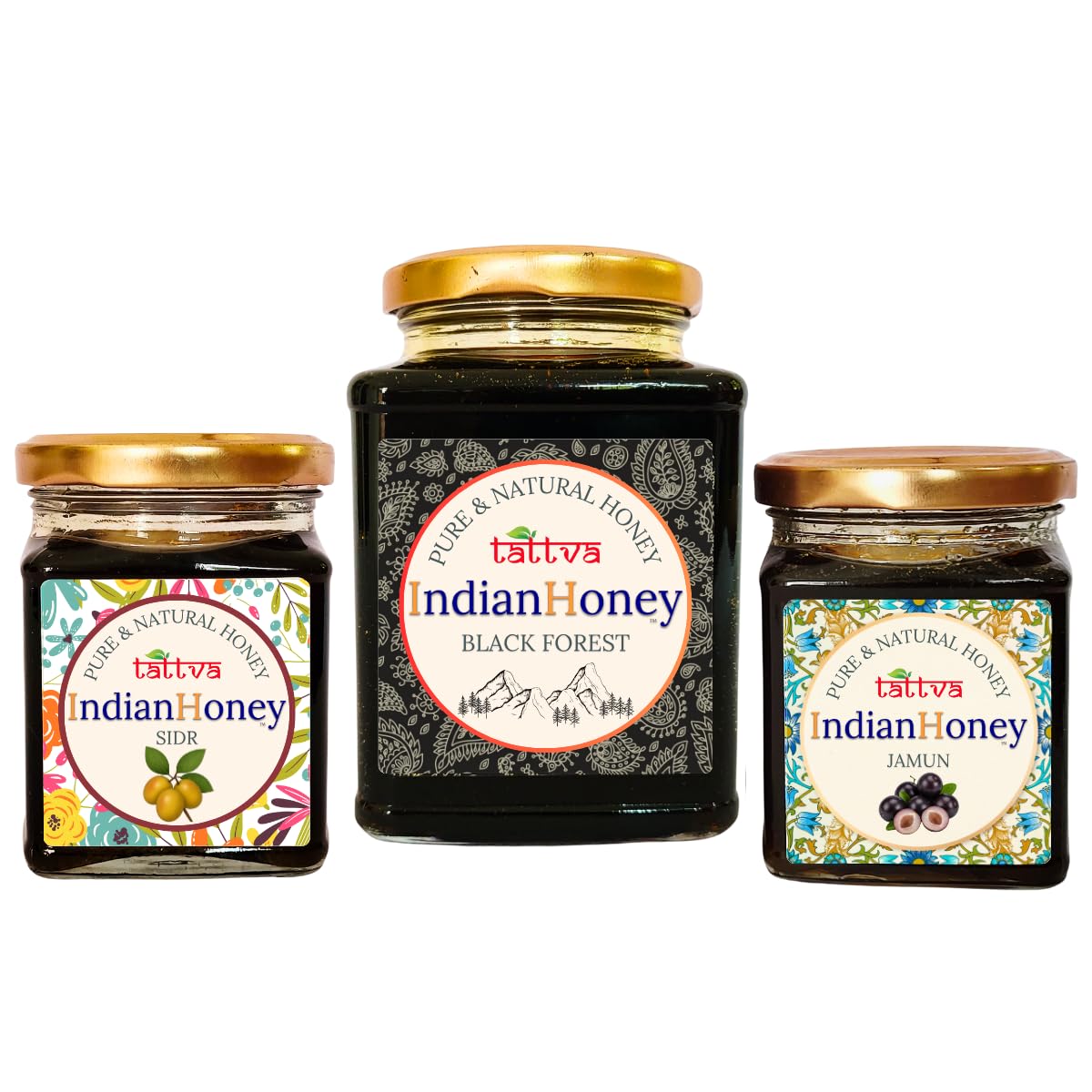 IndianHoney Dark & MineralRich Black Forest (Honeydew) Honey, sidr, & jamun Triple Combo Pack (500gm + 2x230gm)
