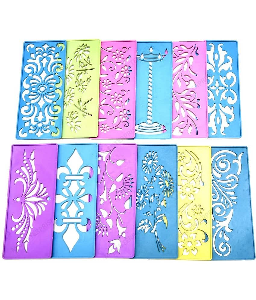 M G Enterprise DIY Plastic Rangoli Stencils For Floor and Wall PLS-I-12 Set of 12 pc (3 in x 7 in)
