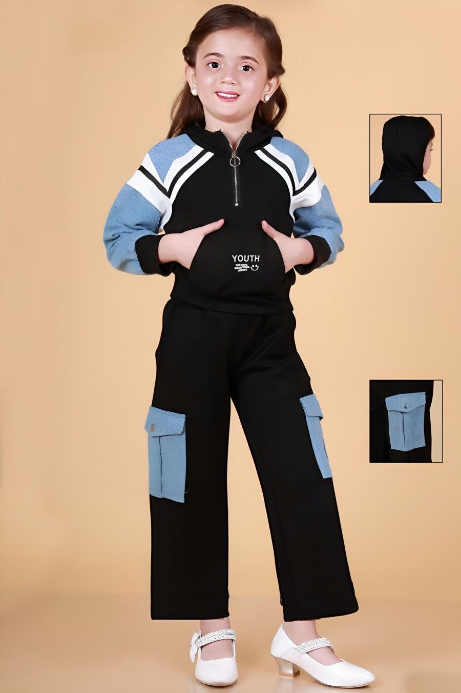 Girl's Imported Hoodie  Co-Ord Set [GCS-9959] (4-12Years)-4-5Y (Size - 24) / Imported / Black