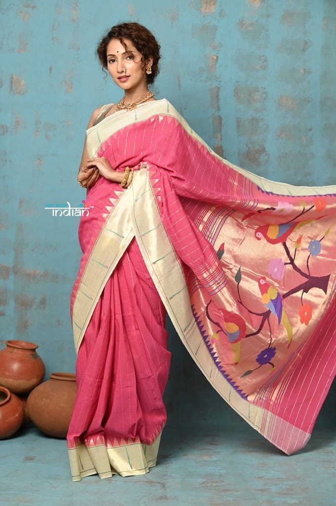 Tyohaar ~ Handloom Pure Cotton Muniya Border Saree With Handcrafted Parrot Pallu in Rose Pink - Sarees | Buy online on ZillyBuy