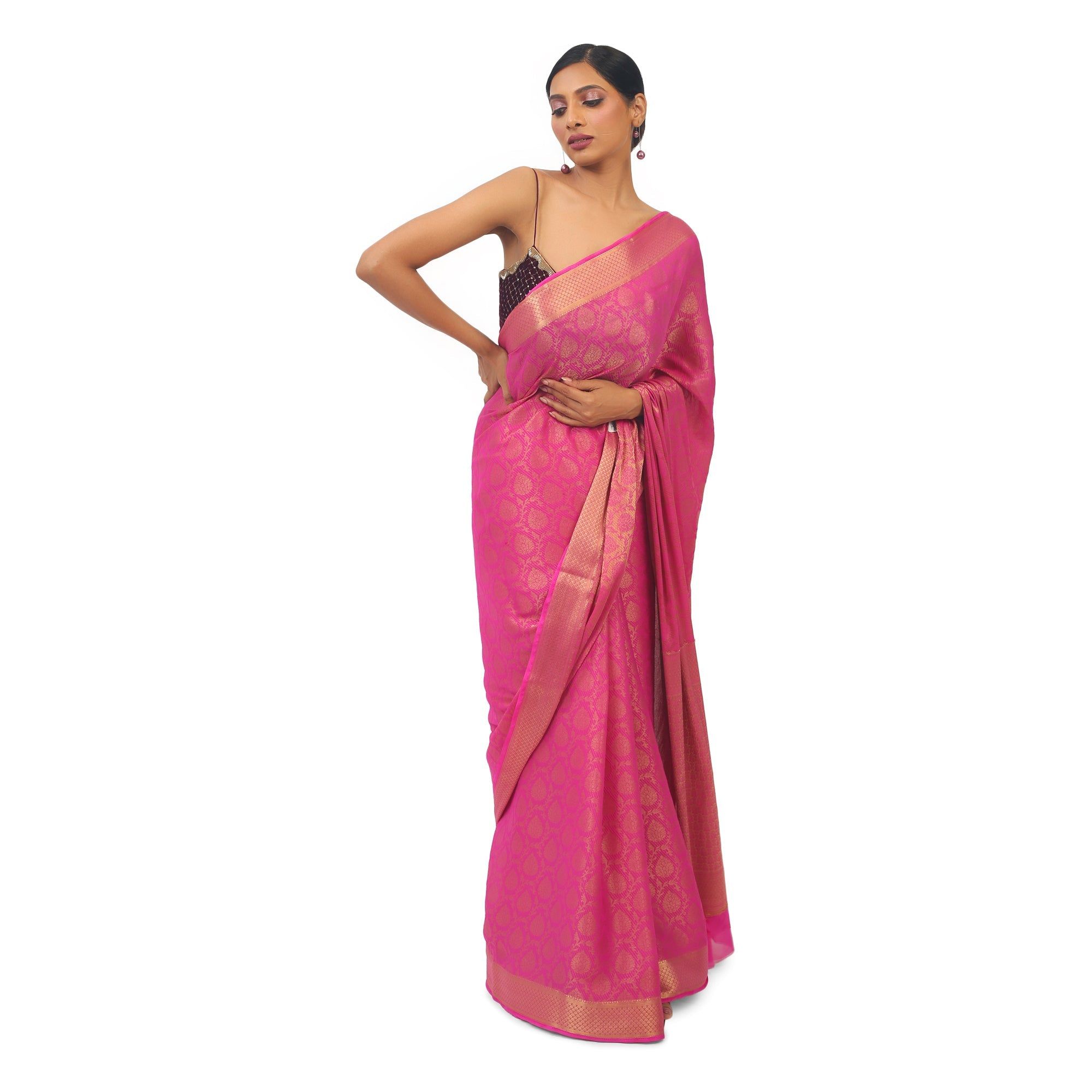 TheHangr Dark Pink Soft Georgette Designer Saree With Golden Work