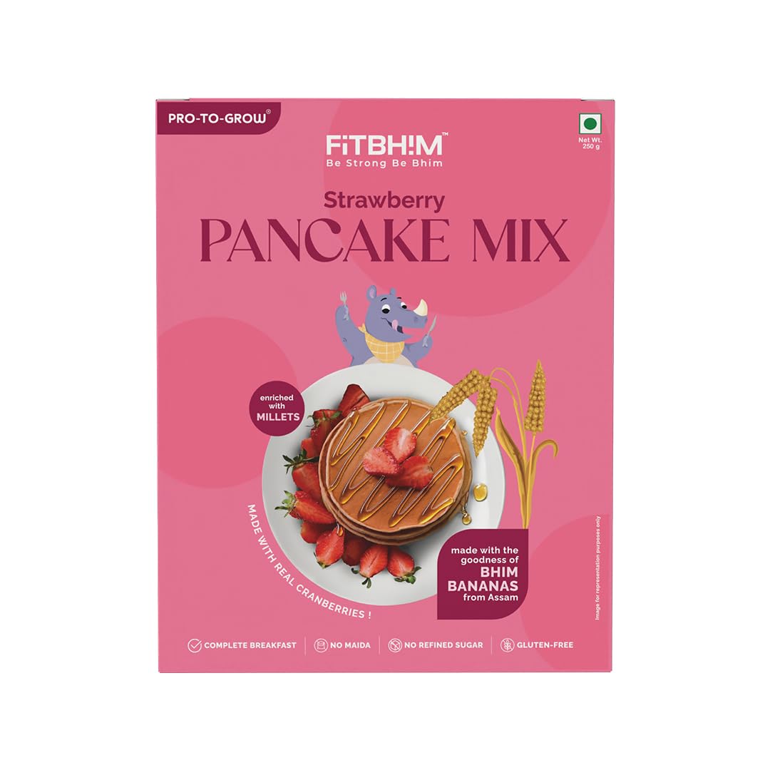 Pro To Grow Fitbhim Strawberry Pancake Mix 250g | Enriched with Bhim Banana Gluten Free Mix with High Protein & Fiber | No Refined Sugar | Healthy Breakfast Mix for Kids & Adults