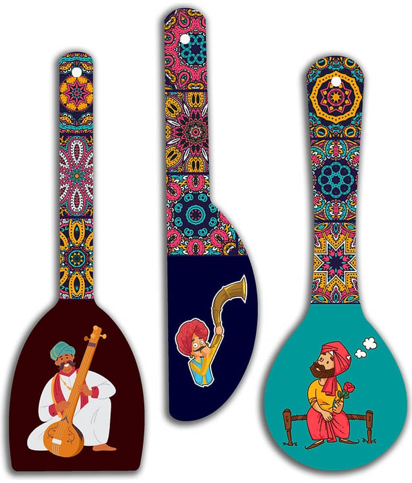 Saf Wood Spoon Shape Designer Designer Shape Decoratives Panel Multi - Pack of 3