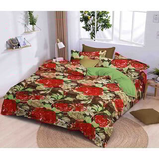 BLACK BEE  Red hibiscus flowers print on brown base double bedsheet with 2 Pillow Covers (208 X 213 cm)(BS8-03)