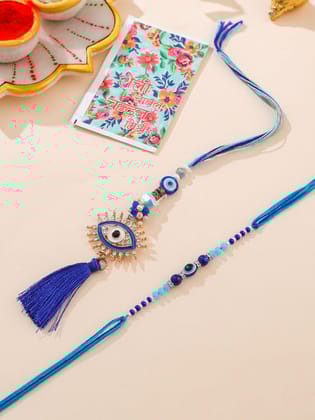 NVR Set of 2 Blue Evil Eye Artificial Stones & Beads Bhaiya Bhabhi Rakhi with Roli Chawal Chandan & Mishri-One Size / Blue