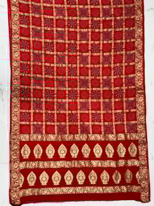 Scarlet Red Gharchola Nakshi Chex Ajrakh Saree