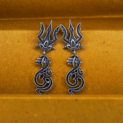 Silver Oxidised Om Trishul Earrings For Girls Women