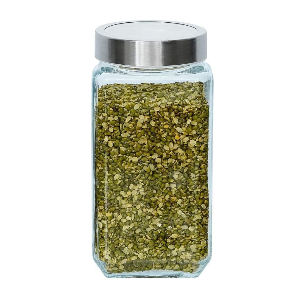 Femora Glass Cuboid Kitchen Storage Jar, 1000ML, Set of 4, Free Replacement of Lids