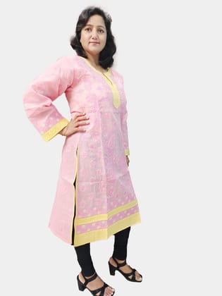 TheHangr Dual Thread Hand Embroided Pink & Yellow Lucknowi Chikankari Kurti