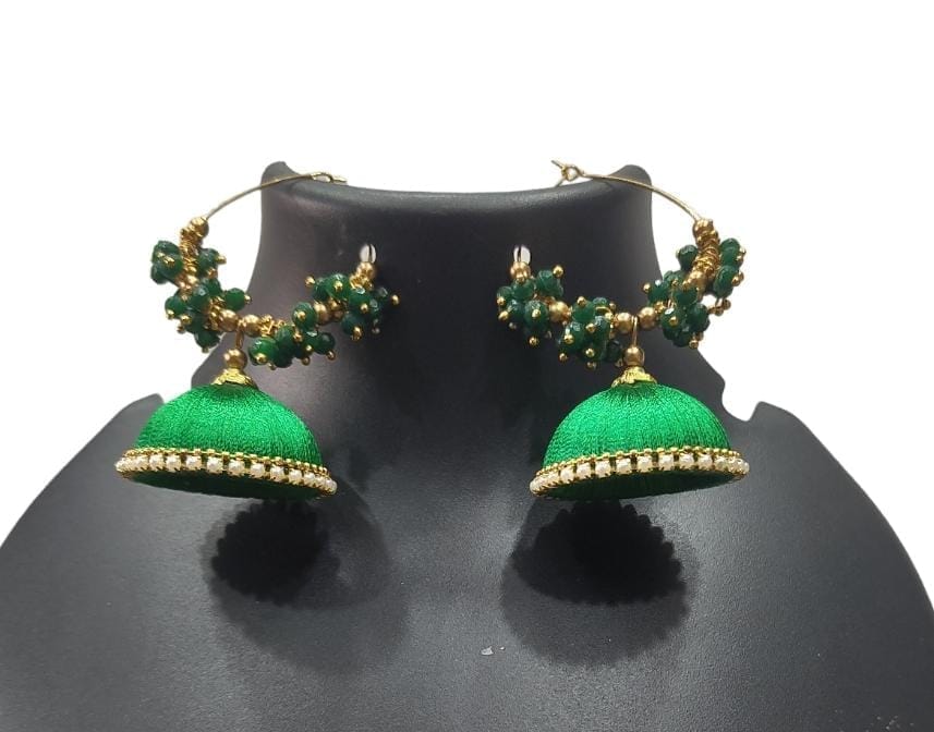 Green Silk Thread Jhumka Earrings with Pearl Beads